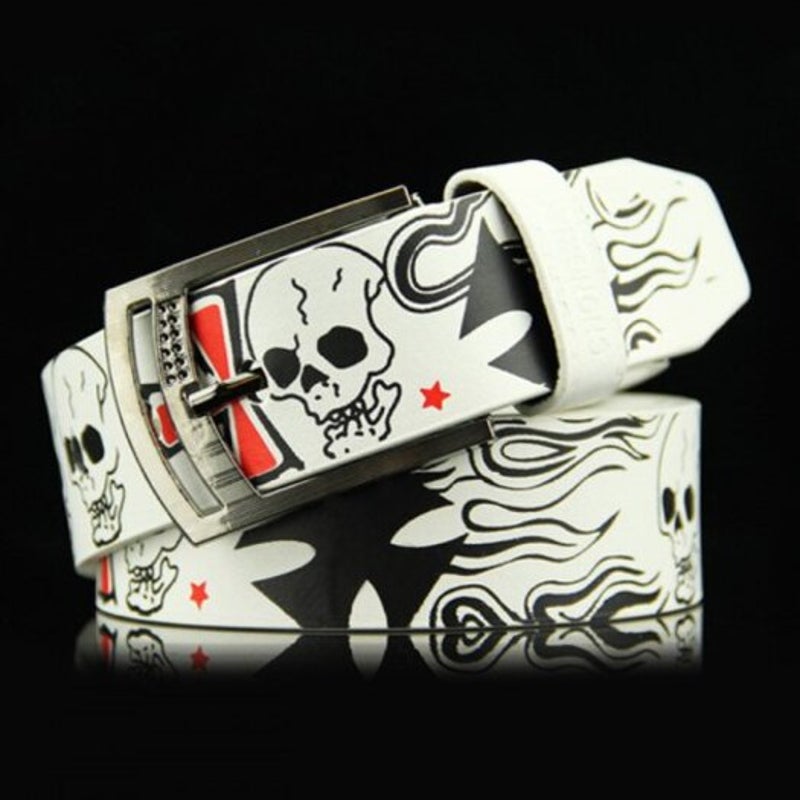 Skull Pattern Men's Belt Punk Style Pin Buckle Waistband Brown