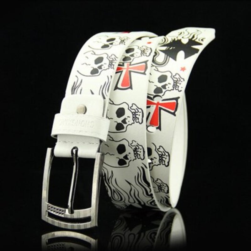 Skull Pattern Men's Belt Punk Style Pin Buckle Waistband Brown