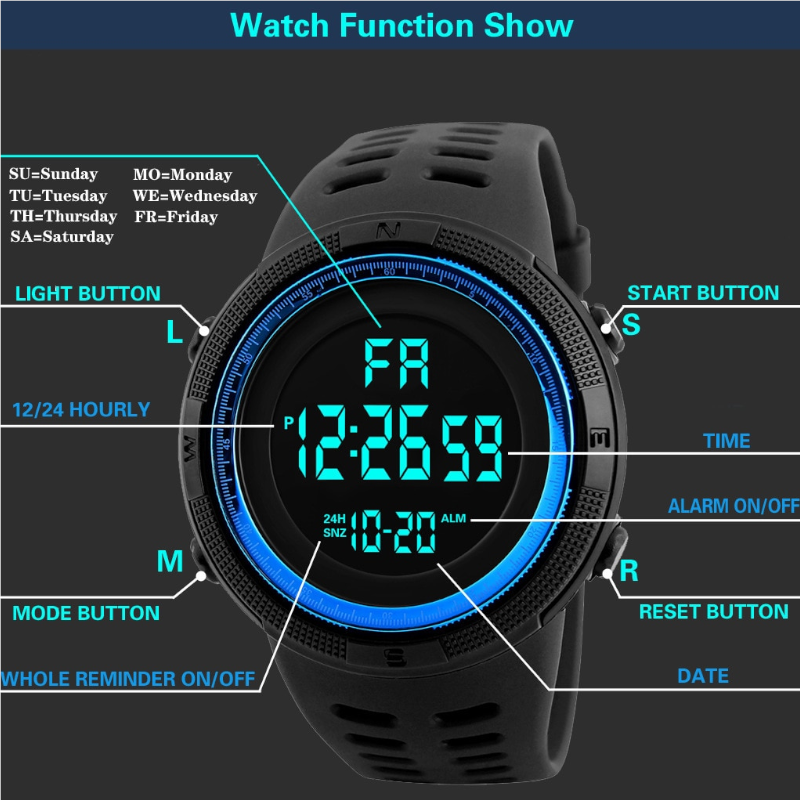 Veile Studios Night Light Sports Electronic Watch Multifunctional Waterproof Black