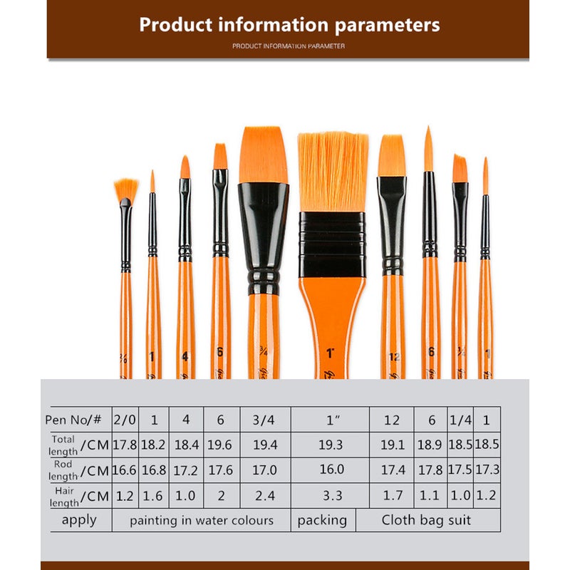 10Pcs Nylon Paint Brush Watercolor Oil Painting Acrylic Multi-Function With Bag