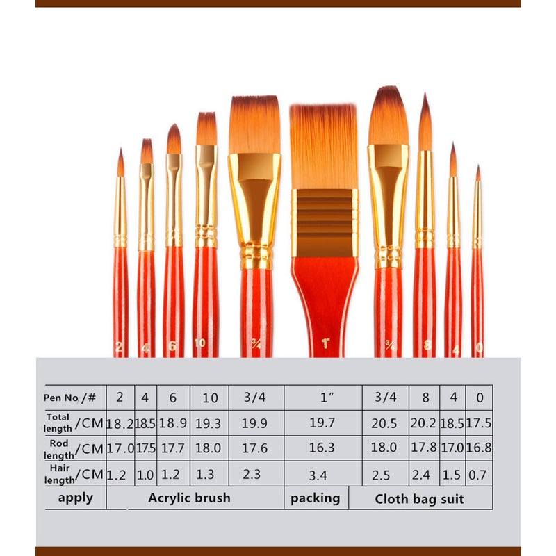 10Pcs Nylon Paint Brush Watercolor Oil Painting Acrylic Multi-Function With Bag