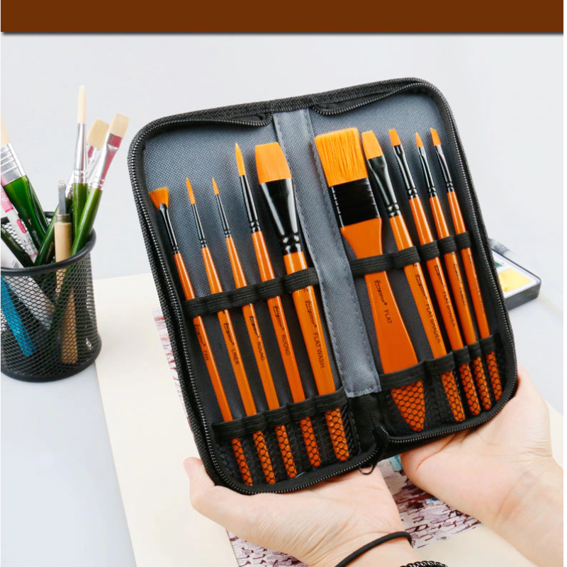 10Pcs Nylon Paint Brush Watercolor Oil Painting Acrylic Multi-Function With Bag