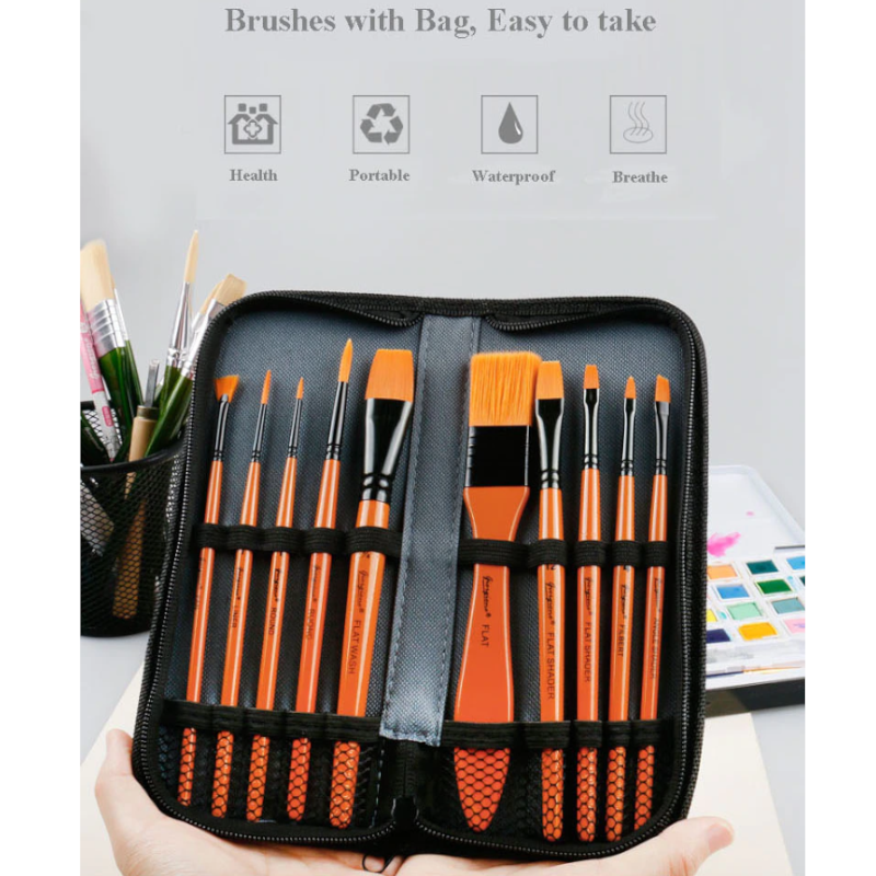 10Pcs Nylon Paint Brush Watercolor Oil Painting Acrylic Multi-Function With Bag