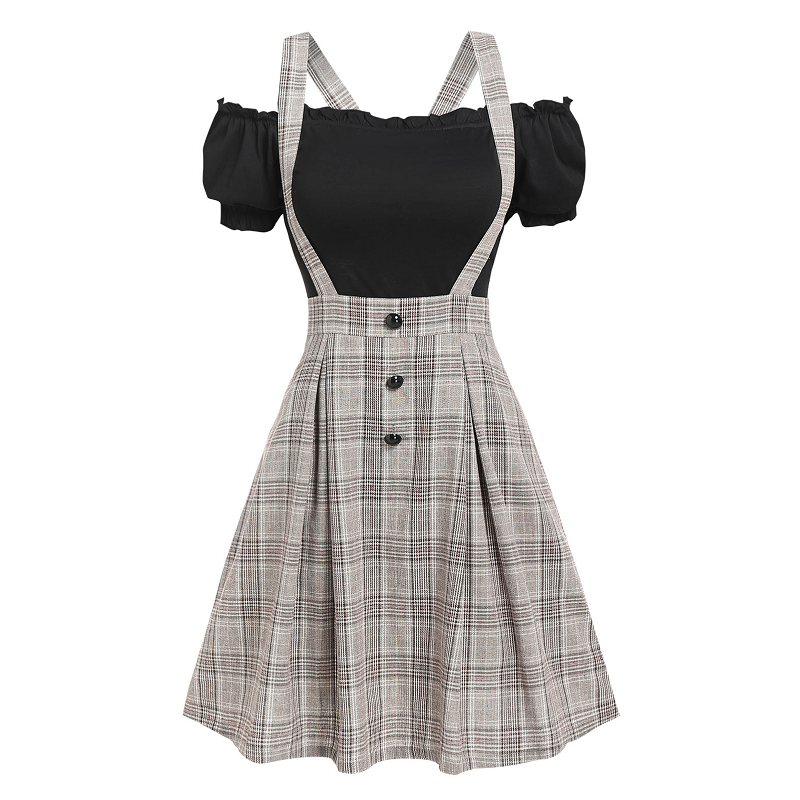 Off The Shoulder Tee And Crisscross Plaid Suspender Skirt Set Two Piece Dress