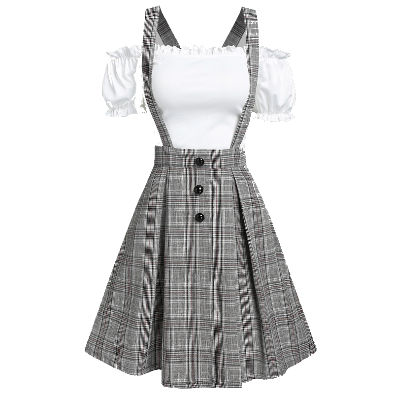 Off The Shoulder Tee And Crisscross Plaid Suspender Skirt Set Two Piece Dress