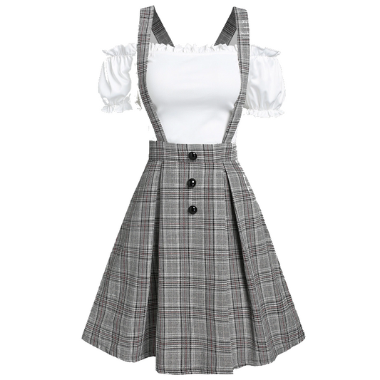 Off The Shoulder Tee And Crisscross Plaid Suspender Skirt Set Two Piece Dress