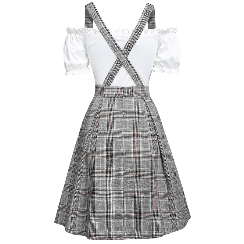 Off The Shoulder Tee And Crisscross Plaid Suspender Skirt Set Two Piece Dress