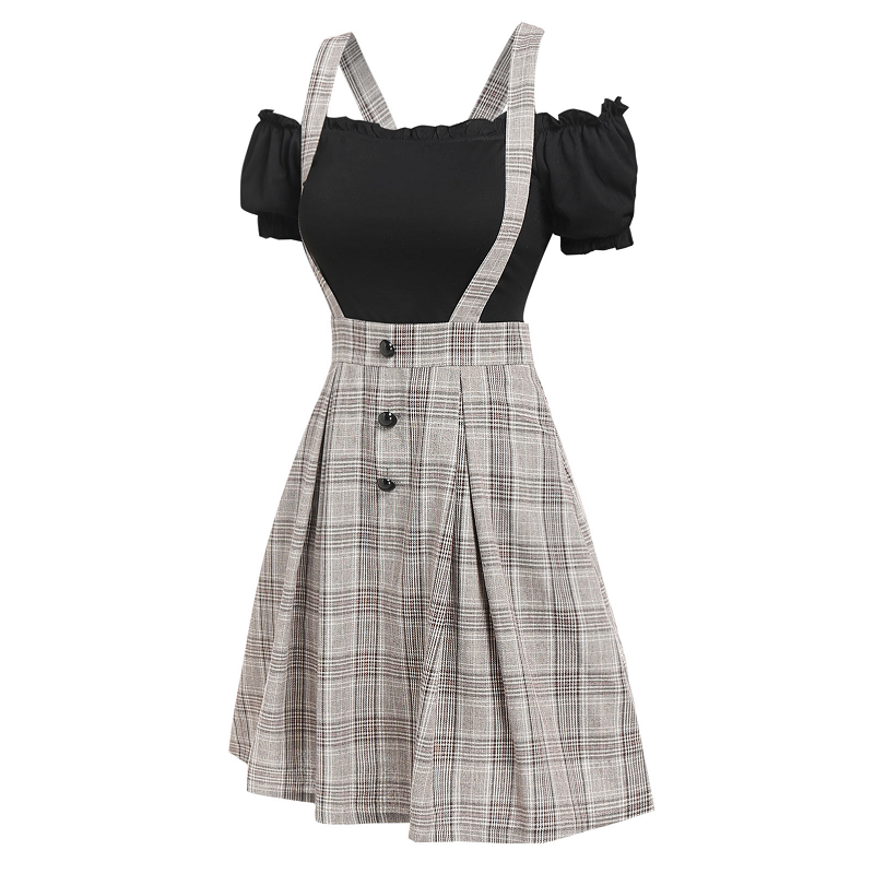 Off The Shoulder Tee And Crisscross Plaid Suspender Skirt Set Two Piece Dress