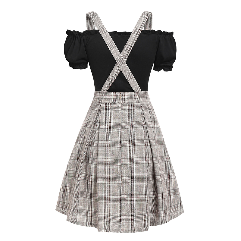 Off The Shoulder Tee And Crisscross Plaid Suspender Skirt Set Two Piece Dress