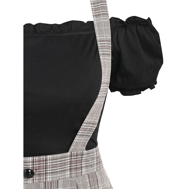 Off The Shoulder Tee And Crisscross Plaid Suspender Skirt Set Two Piece Dress