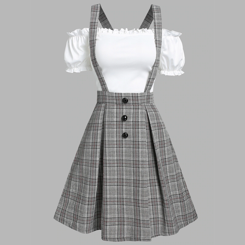 Off The Shoulder Tee And Crisscross Plaid Suspender Skirt Set Two Piece Dress