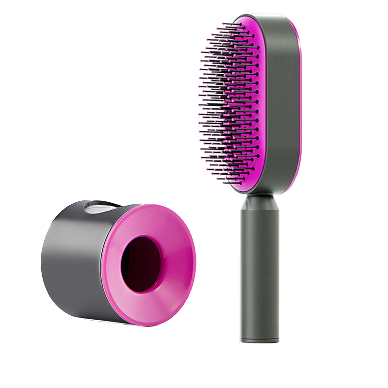 One-Press Self Cleaning Hair Brush Standing Base Women