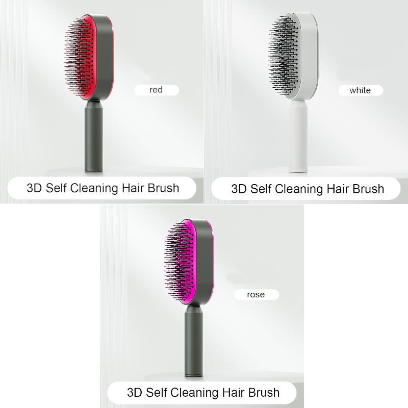One-Press Self Cleaning Hair Brush Standing Base Women
