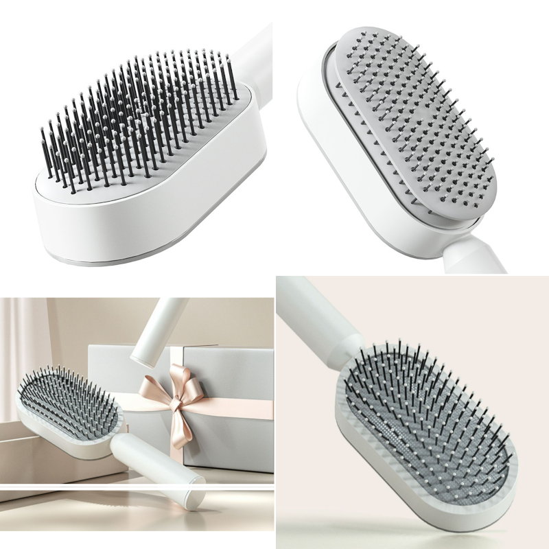 One-Press Self Cleaning Hair Brush Standing Base Women