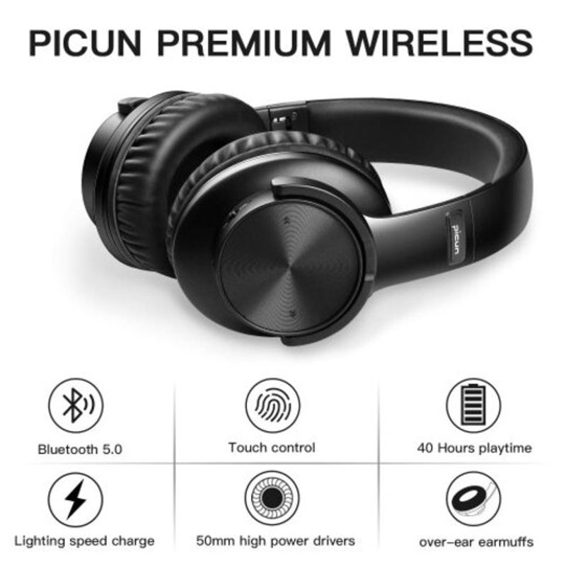 B8 Bluetooth V5.0 Headphones 40H Playtime Touch Control Wireless With Mic For Phone Black