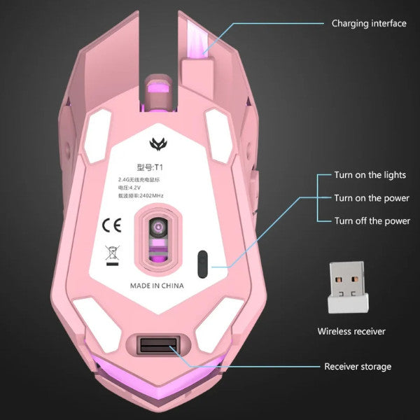Pink Black T1 Ergonomic 2.4G Rechargeable Mouse For Pc Computer Silent Backlit Usb Optical Wireless Gaming
