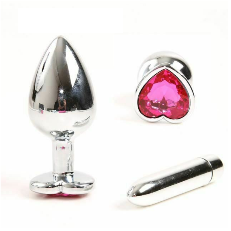 Pink Heart Crystal Jewel Metal Butt Plug Three Size Mini Vibrator Anal Training