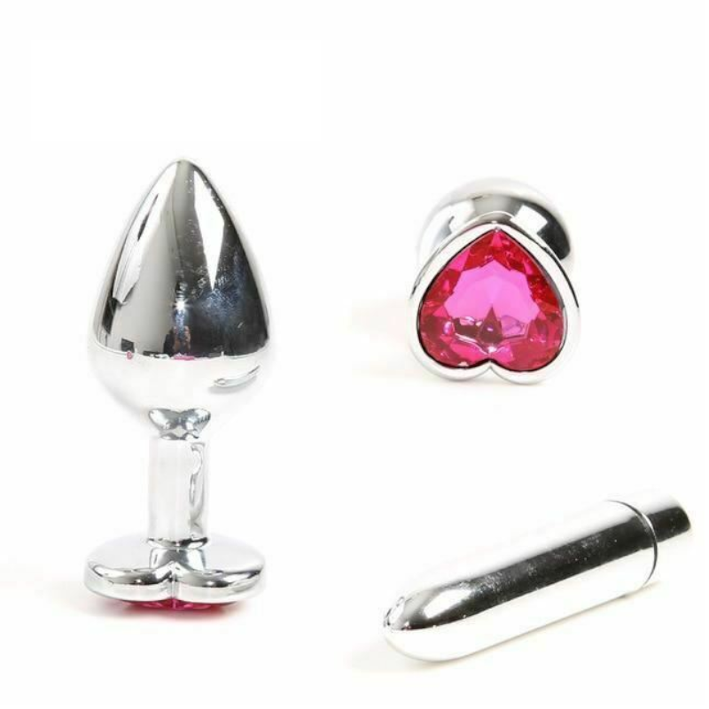 Pink Heart Crystal Jewel Metal Butt Plug Three Size Mini Vibrator Anal Training