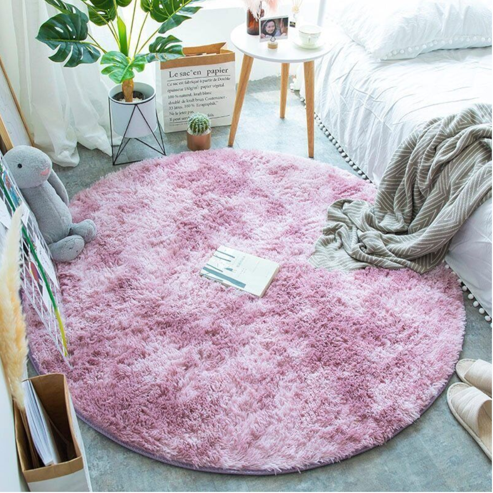 Pink Purple Fluffy Faux Fur Round Rug Kids Room Plush Shaggy Rugs