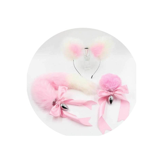 1 Sets of House Of Dasein 1 Sets Pink White Ears Headband Kitten Or Rabbit Tail Metal Butt Plug