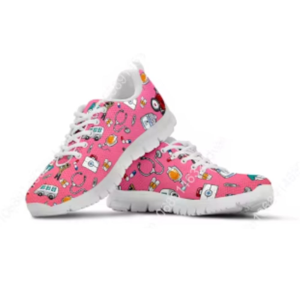 Pink White Nurse Doctor Pattern Woman Flats Lace Up Shoe Sneakers Breahtable Shoes