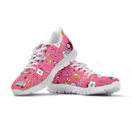 Pink White Nurse Doctor Pattern Woman Flats Lace Up Shoe Sneakers Breahtable Shoes