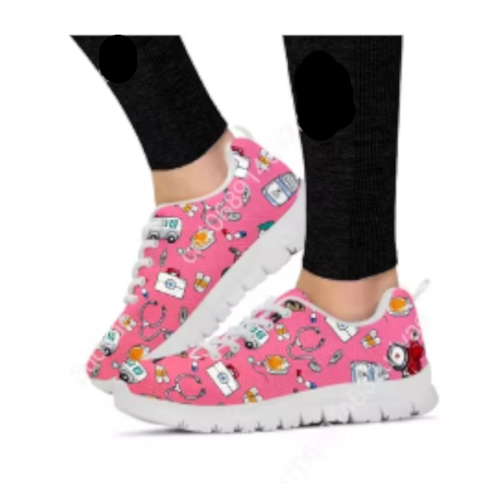 Pink White Nurse Doctor Pattern Woman Flats Lace Up Shoe Sneakers Breahtable Shoes