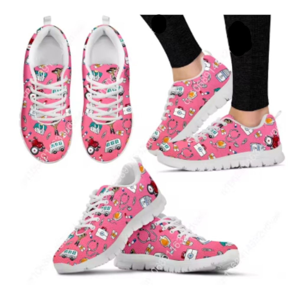 Pink White Nurse Doctor Pattern Woman Flats Lace Up Shoe Sneakers Breahtable Shoes