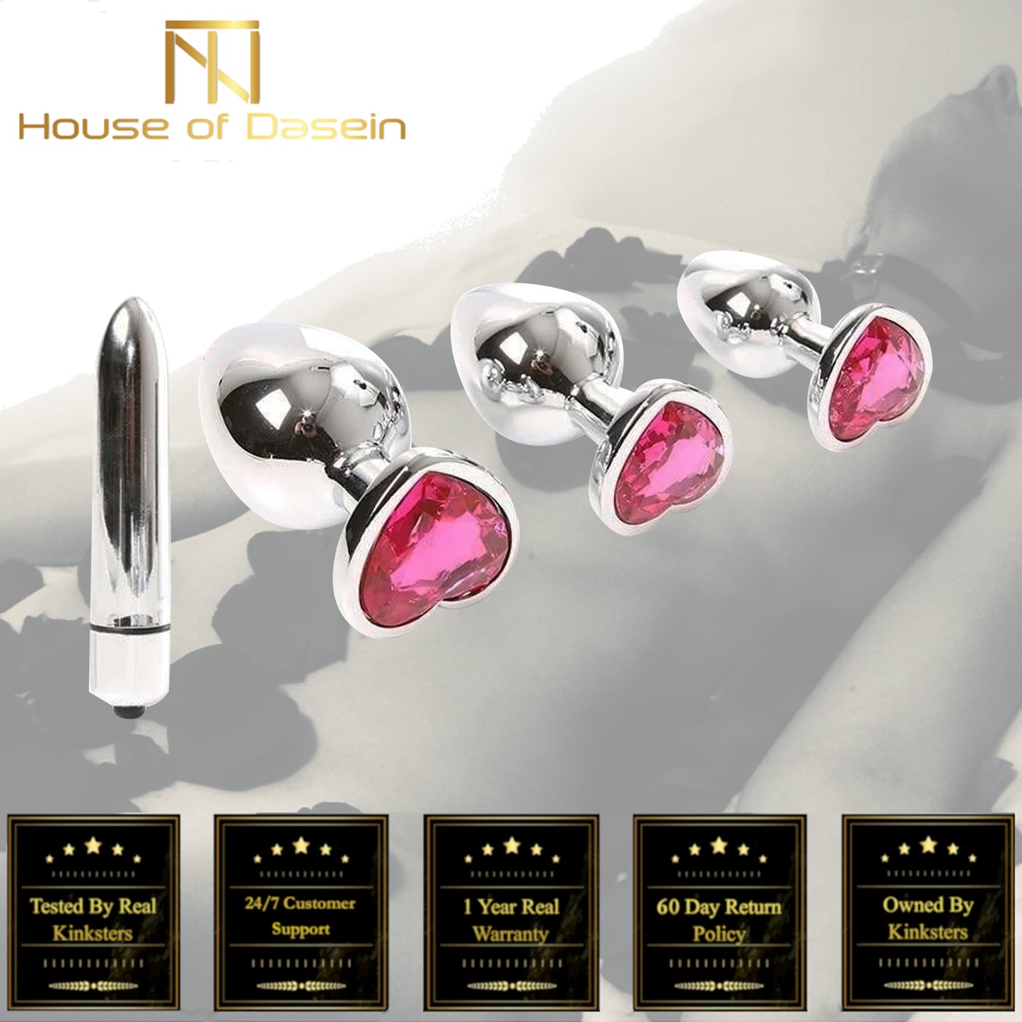 Pink Heart Crystal Jewel Metal Butt Plug Three Size Mini Vibrator Anal Training