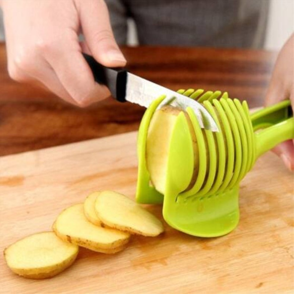 Plastic Potato Slicer Tomato Cutter Tool Lemon Cutting Holder Cooking Tools Kitchen Accessories Green