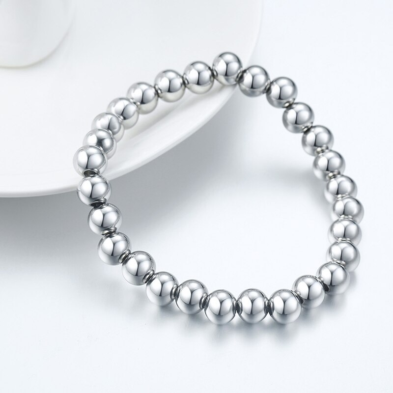 Veile Studios Polished Finish Stainless Steel Beads Stretch Bracelet Bangle Silver