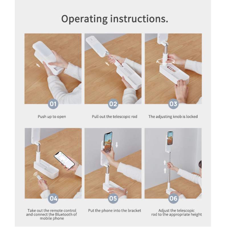 Portable Foldable Selfie Mobile Phone Holder With Light Bluetooth Remote Control