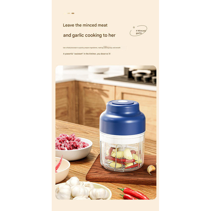 Powerful Mini Electric Food Chopper Usb Rechargeable Cordless Garlic & Meat Mincer(Blue 320Ml + 6 Blade Knife)
