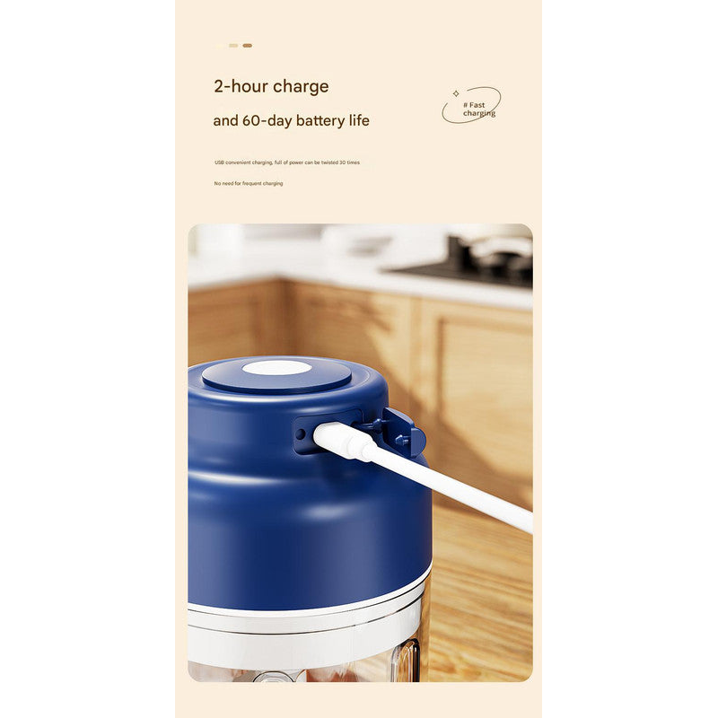 Powerful Mini Electric Food Chopper Usb Rechargeable Cordless Garlic & Meat Mincer(Blue 320Ml + 6 Blade Knife)