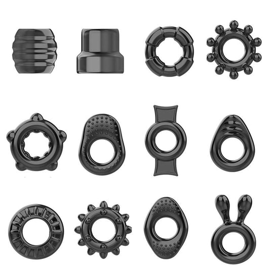 12 / Pcs Stretchy Black Cock Rings Penis Sleeves Men Ejaculation Delay
