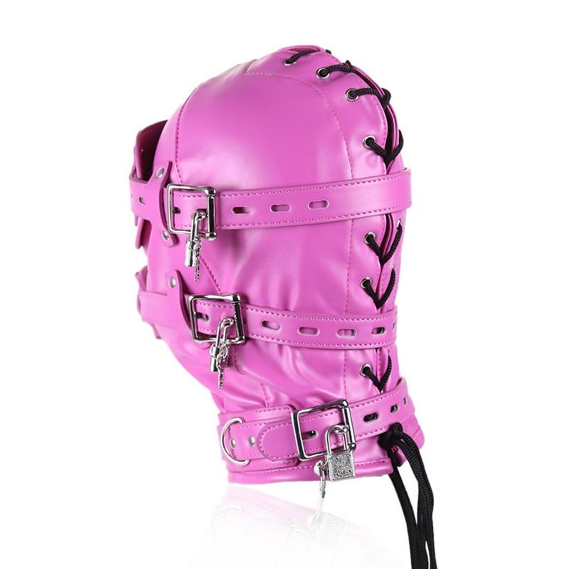 Pink Blue Fetish Full Hood With Mouth Dildo Gag Bdsm Bondage Sex Mask