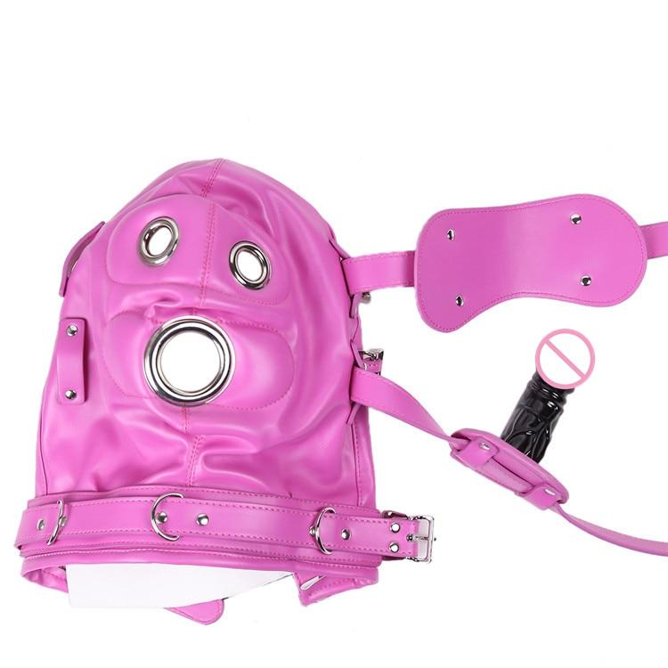 Pink Blue Fetish Full Hood With Mouth Dildo Gag Bdsm Bondage Sex Mask