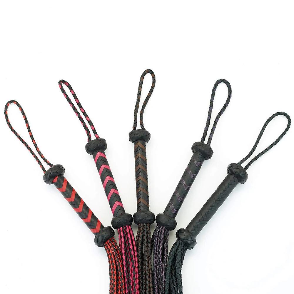 60Cm Black Red Brown Leather Flogger Braided Handle Tails Spanking Toy Bdsm