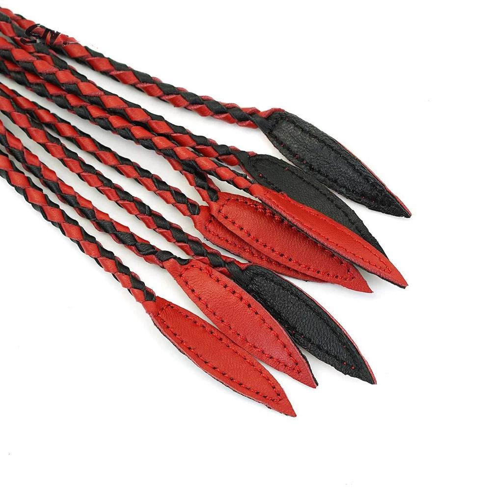 60Cm Black Red Brown Leather Flogger Braided Handle Tails Spanking Toy Bdsm