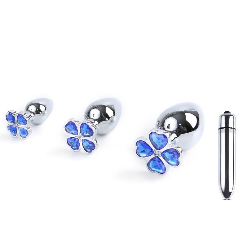 Blue Flower Stainless Steel Metal Anal Crystal Butt Plug Vibrator Set Bdsm