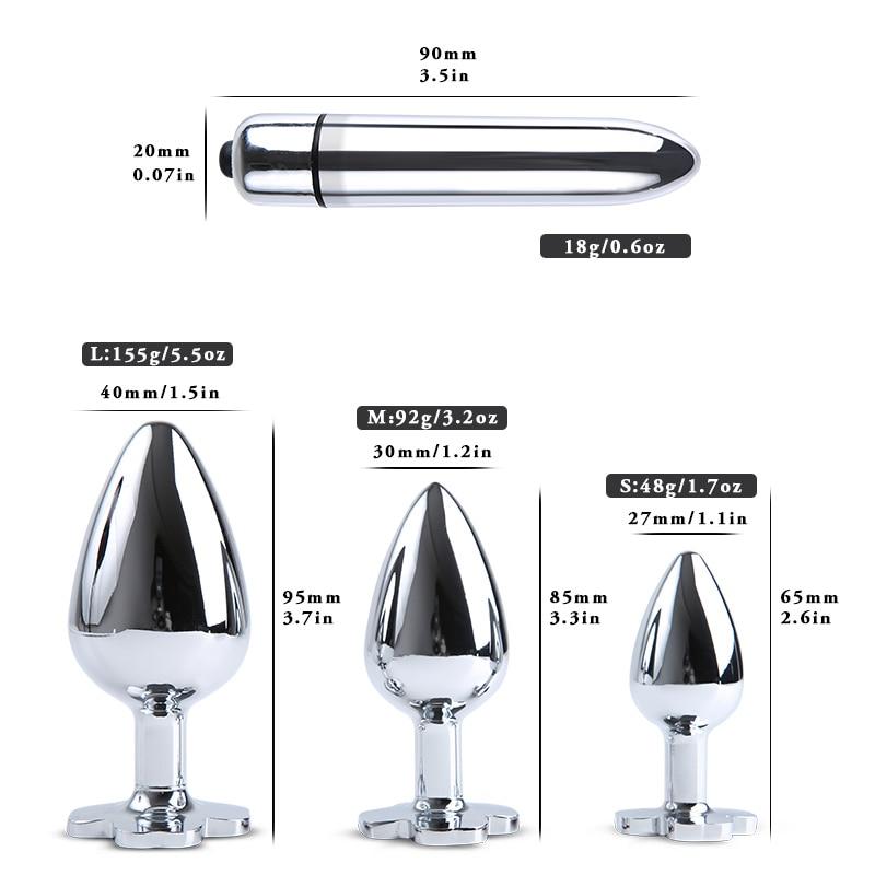 Blue Flower Stainless Steel Metal Anal Crystal Butt Plug Vibrator Set Bdsm