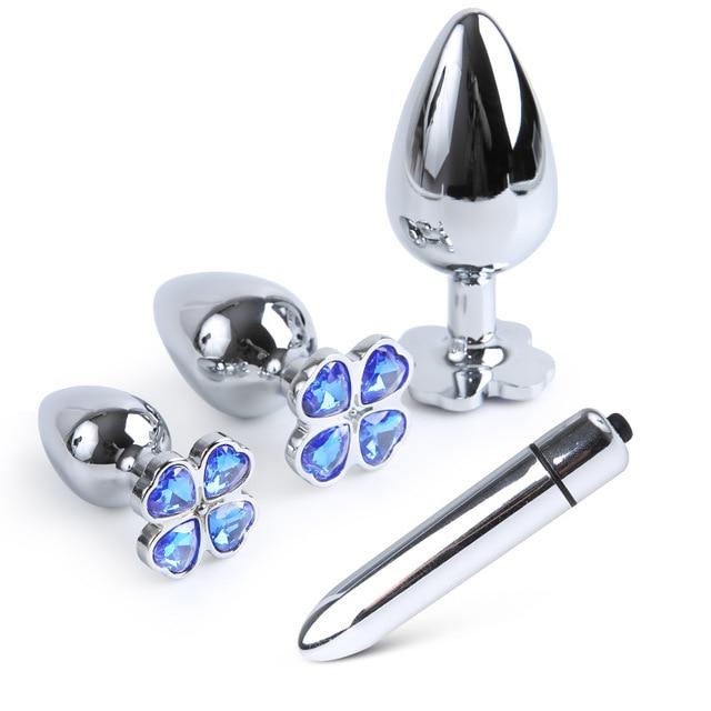 Blue Flower Stainless Steel Metal Anal Crystal Butt Plug Vibrator Set Bdsm