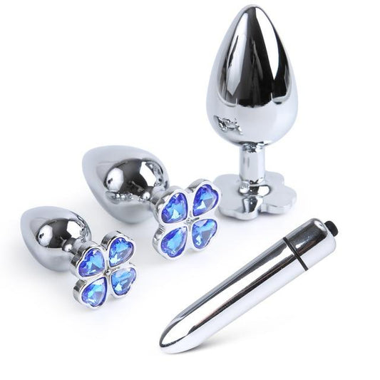 Blue Flower Stainless Steel Metal Anal Crystal Butt Plug Vibrator Set Bdsm