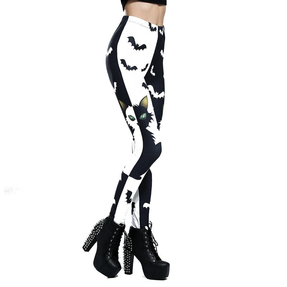 Cat Bat Printed Leggings Gothic Black White Pants Women