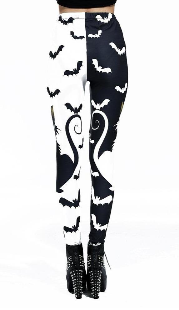 Cat Bat Printed Leggings Gothic Black White Pants Women