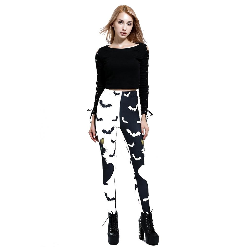 Cat Bat Printed Leggings Gothic Black White Pants Women