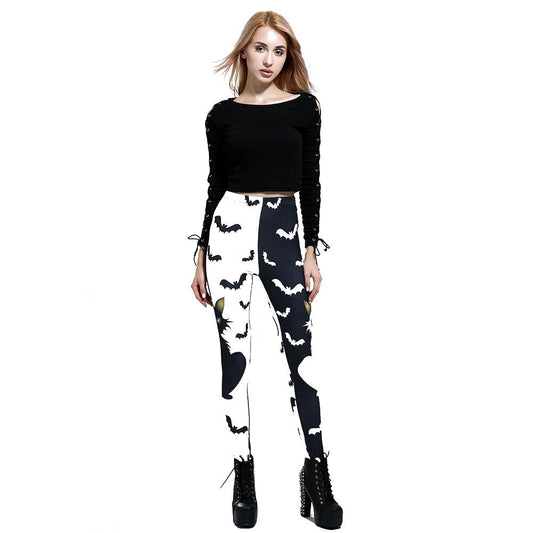 Cat Bat Printed Leggings Gothic Black White Pants Women