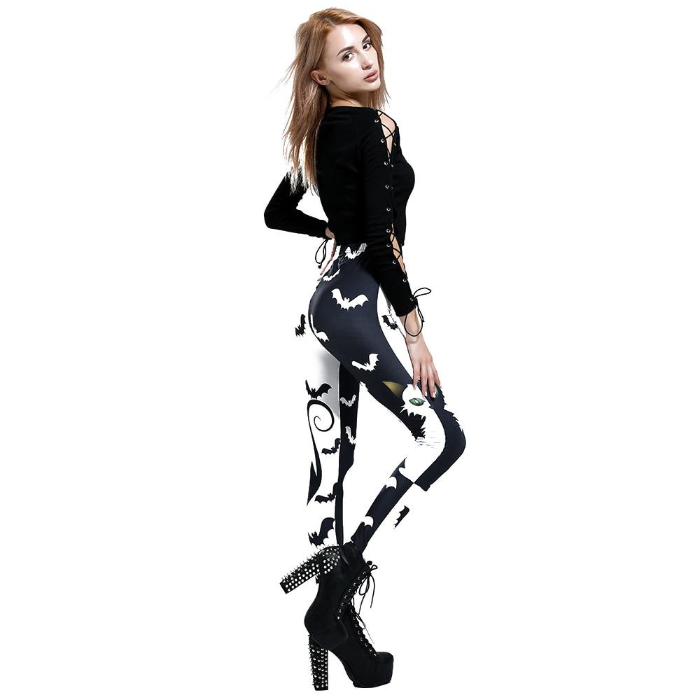 Cat Bat Printed Leggings Gothic Black White Pants Women