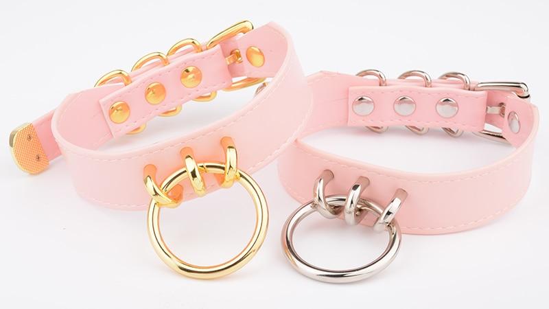 Bdsm Pink Faux Leather Silver Gold Ring Kitten Submissive Collar