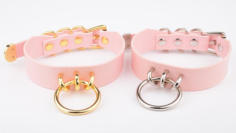 Bdsm Pink Faux Leather Silver Gold Ring Kitten Submissive Collar
